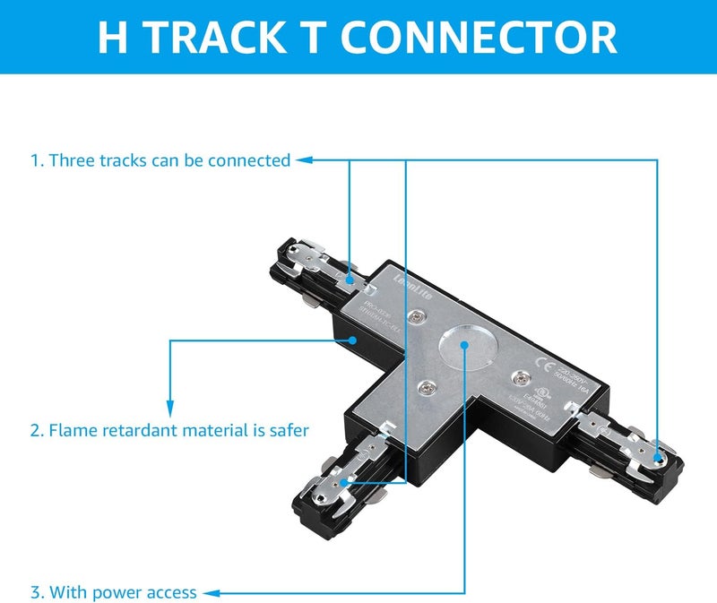 LEONLITE H Track T Connector, H Type Single Circuit 3-Wire-1 Track Lighting Kit, UL Listed, Flame Retardant Material, Black - Image 2
